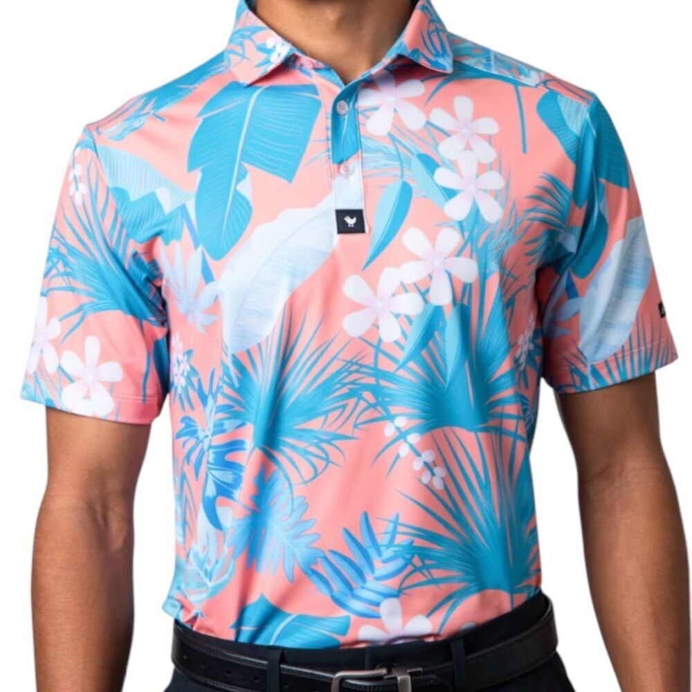 Bad Birdie Men's Riviera Frond Floral Golf Polo Shirt Peach/Blue Medium